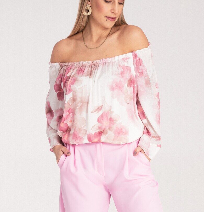 Дамска блуза с флорален принт -  Полиестер - Бяло/Розово - SM Figl