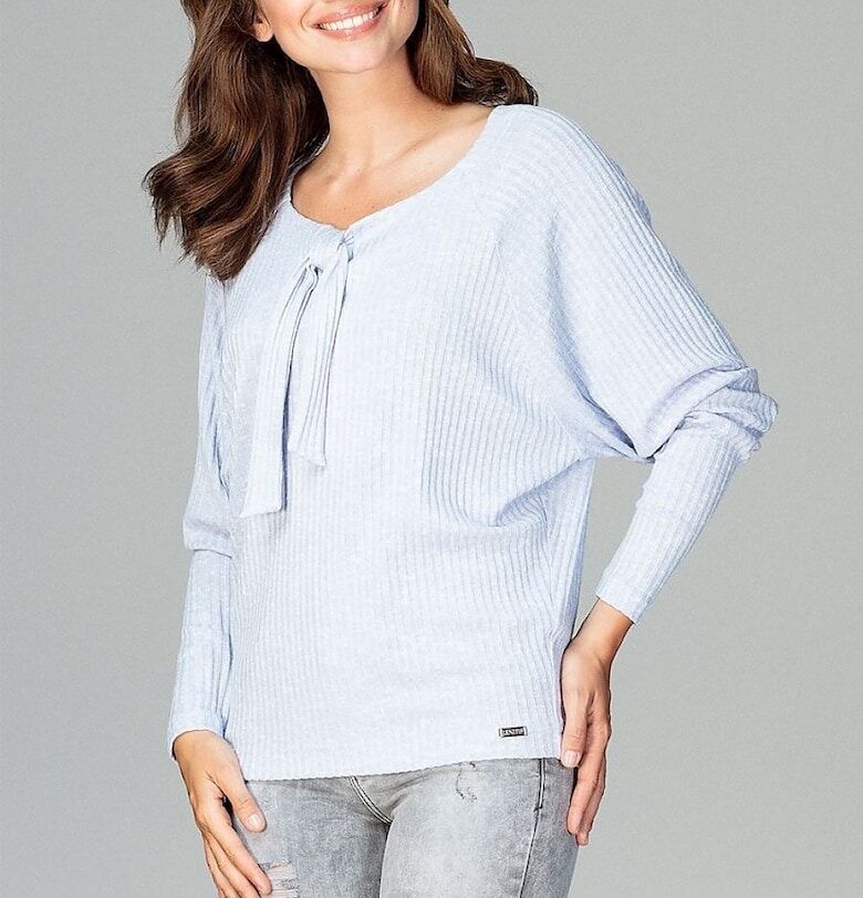 Дамска блуза  синя - трико - дълъг ръкав - деколте с папийонка - вискоза Lenitif