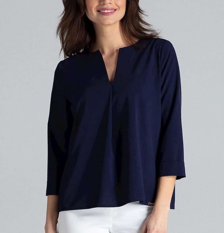 Дамска блуза -  тъмносин - дълги ръкави - V-образно деколте - полиестер - Тъмносин Lenitif