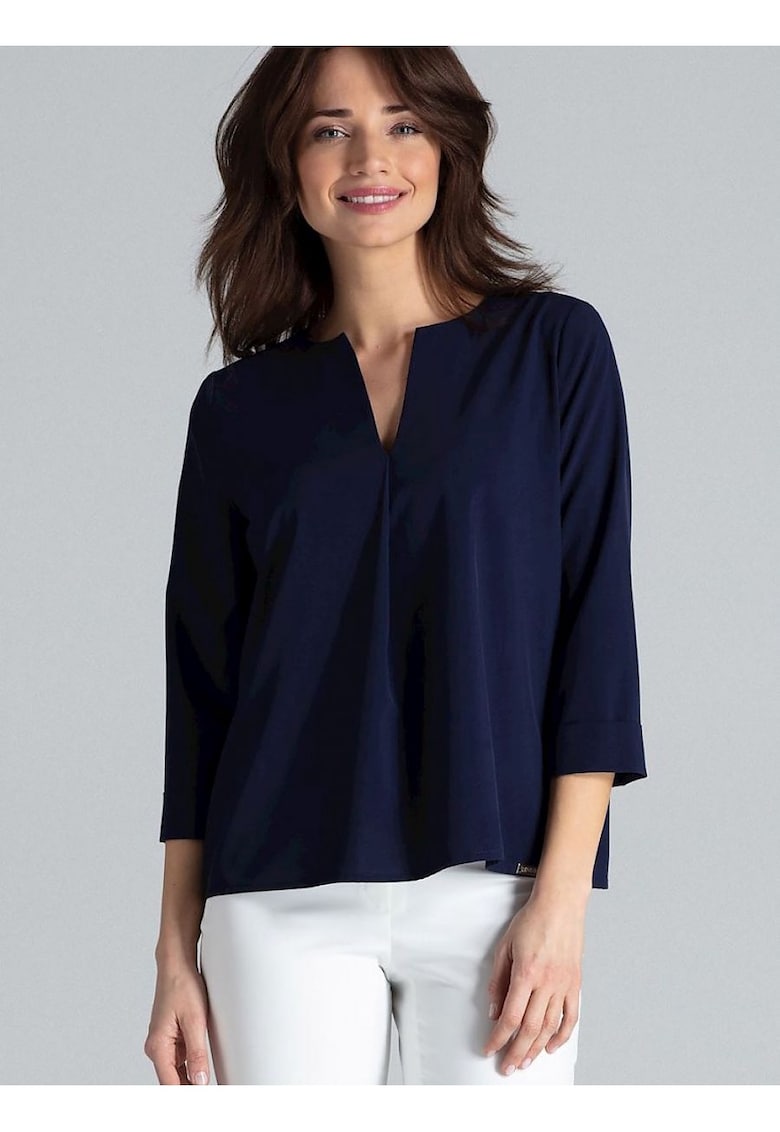 Дамска блуза - тъмносин - дълги ръкави - V-образно деколте - полиестер - Тъмносин Lenitif