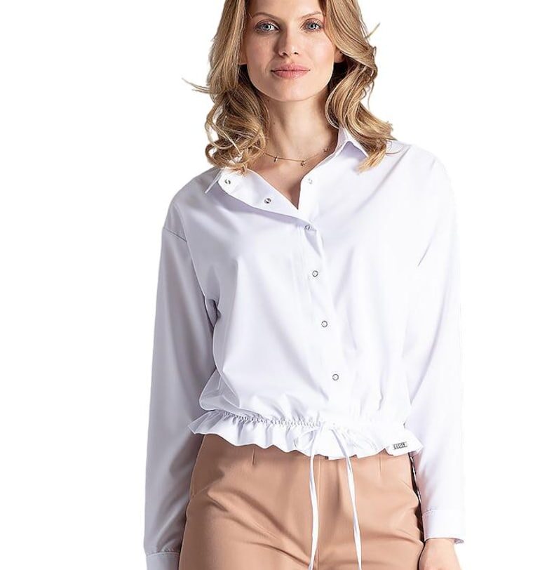 Дамска бяла риза  M647 - дълъг ръкав - полиестер - ластик в долната част Figl