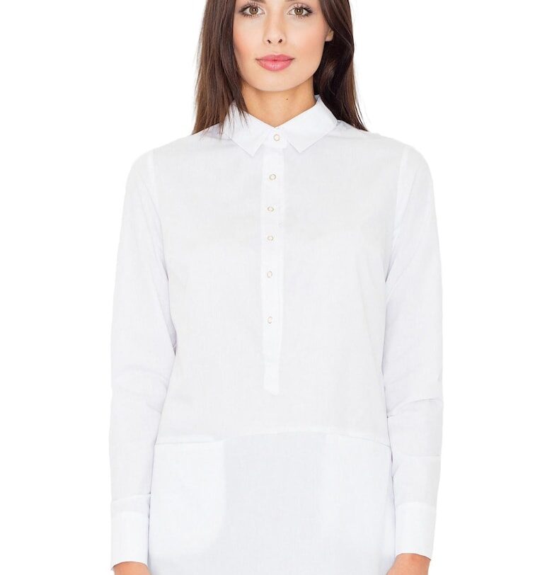 Дамска дълга риза  бяла - памук и полиестер - с джобове - многофункционална Figl