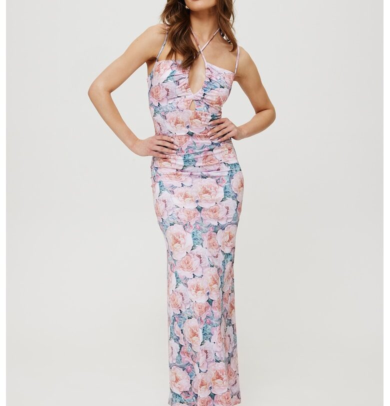 Дамска макси рокля с щампа и връзка на врата - полиестер - M червено MOE