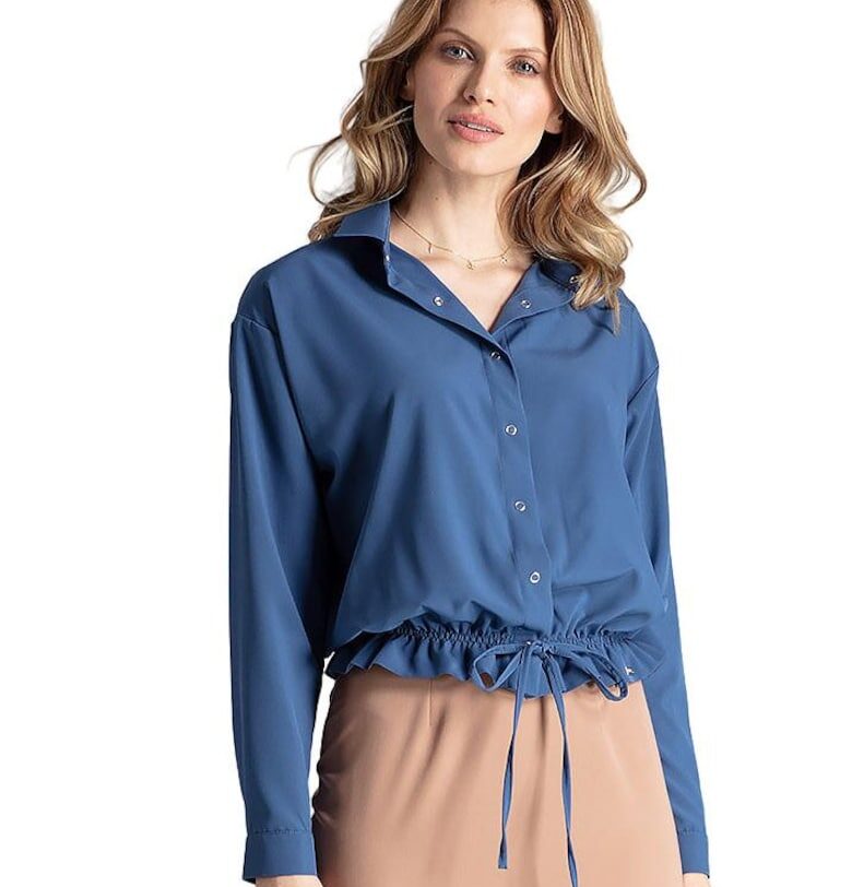 Дамска риза  M647 - синя - дълъг ръкав - полиестер - ластик в долната част - Figl