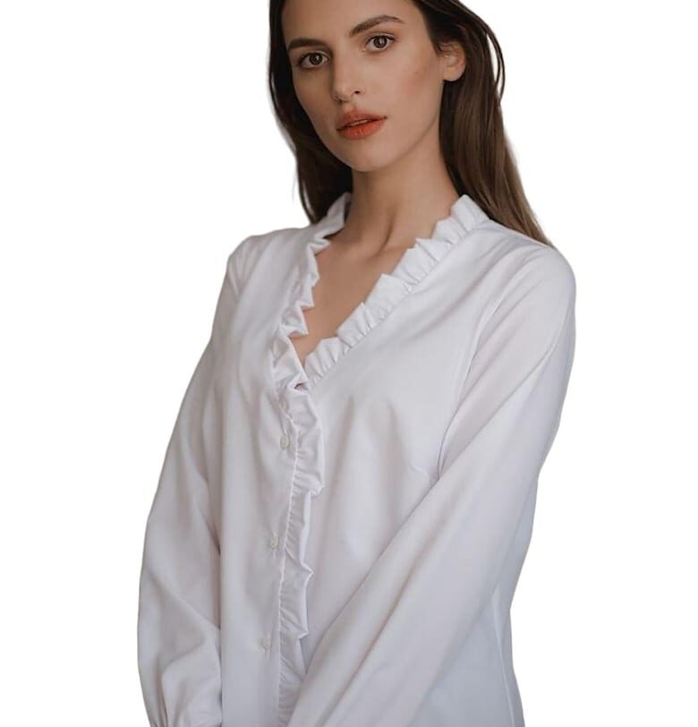 Дамска риза - Ленитиф - бяла - V-образно деколте - дълги ръкави - полиестер - Lenitif