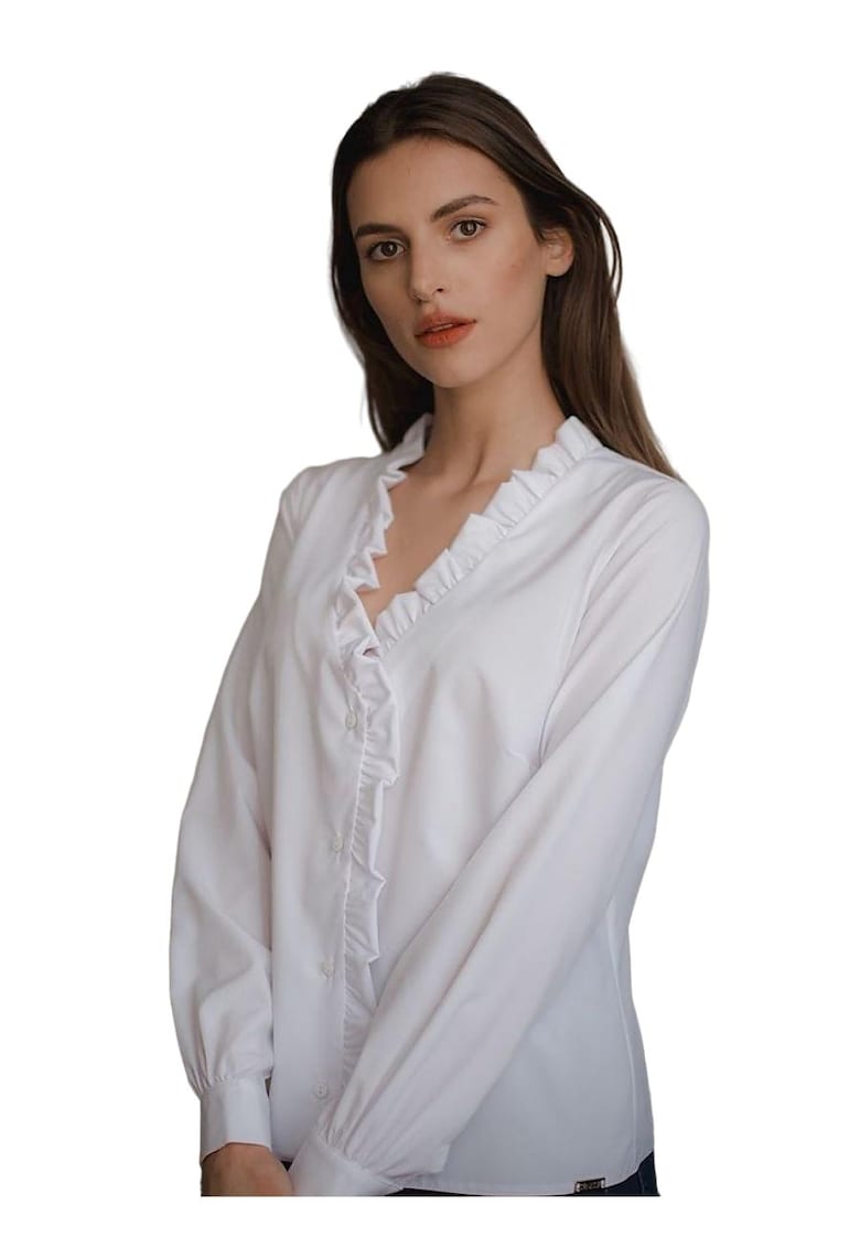 Дамска риза - Ленитиф - бяла - V-образно деколте - дълги ръкави - полиестер - Lenitif