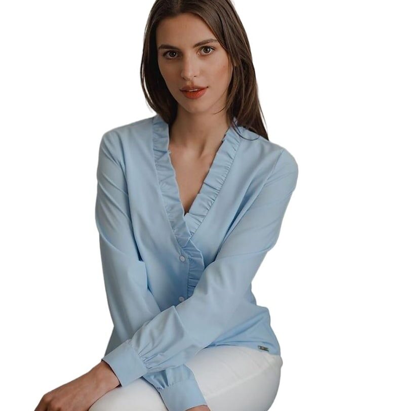 Дамска риза - Ленитиф - синя - с мило деколте - волан - дълъг ръкав - полиестер. - Lenitif