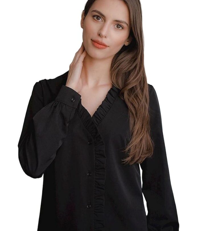 Дамска риза - Ленитиф - черна - със сърцевидно деколте - кант с волани - дълъг ръкав Lenitif