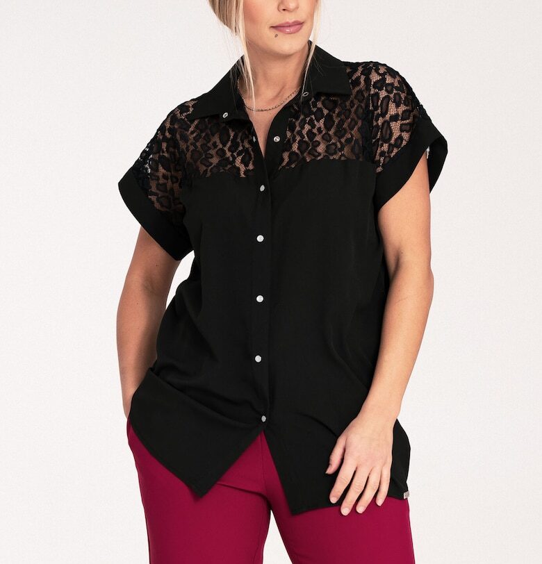 Дамска риза  ажурна - черна - къс ръкав - дантела - 80% полиестер Figl