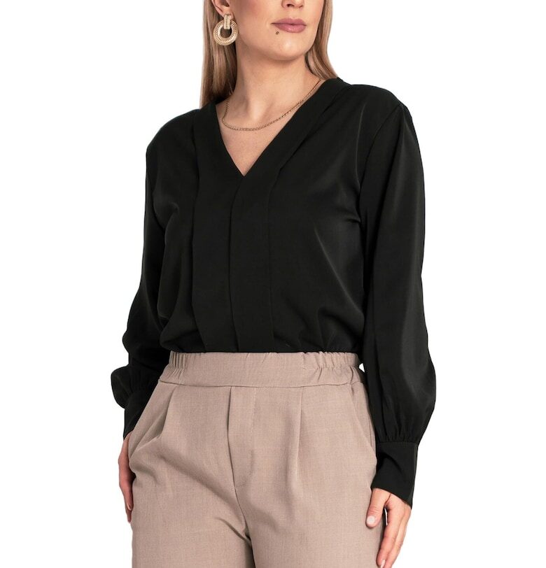 Дамска риза  полиестер - дълъг ръкав - V-образно деколте - черна - SM Figl