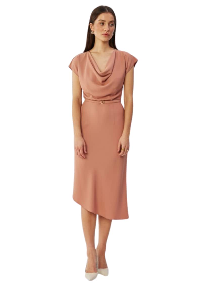 Дамска рокля - асиметрична с каскадно деколте - Полиестер - S - Червена Stylove