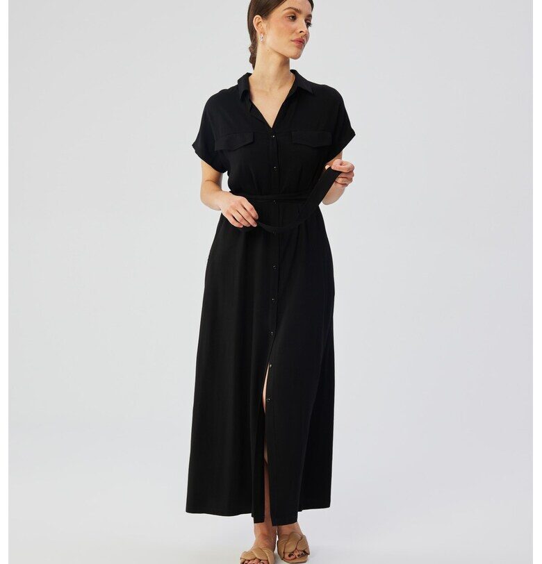 Дамска рокля - макси с къси ръкави и отворени ръкави - Полиестер - Черен MOE