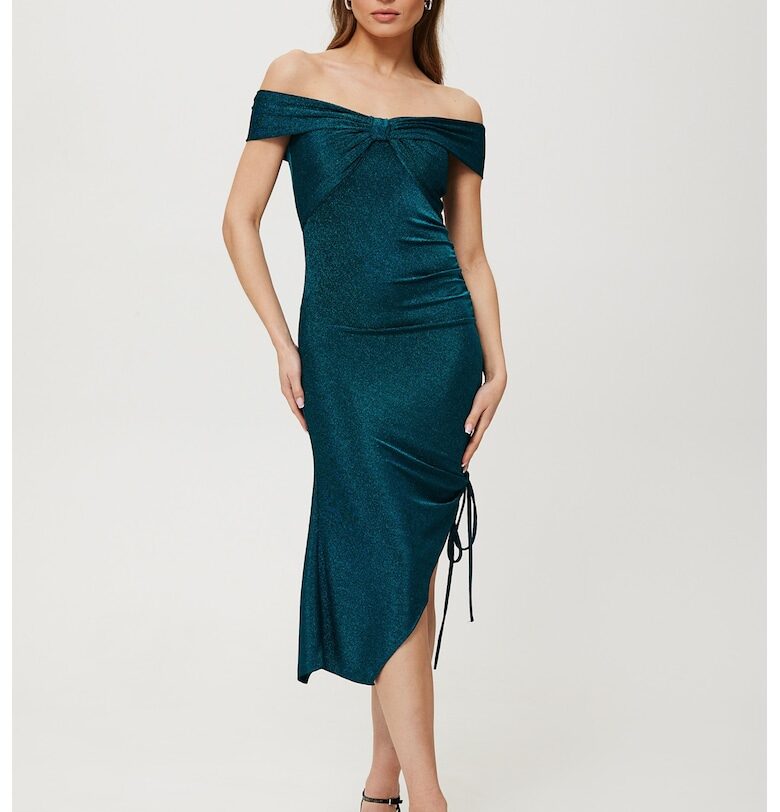 Дамска рокля металик - издърпване настрани - полиестер - син MOE