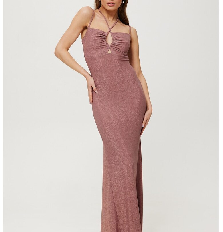 Дамска рокля - металик - макси с вратовръзка - полиестер - червена MOE