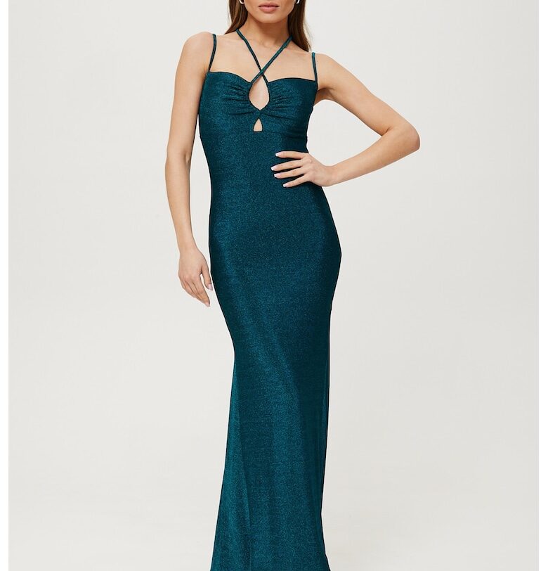 Дамска рокля - метална макси с вратовръзка - полиестер - синьо MOE