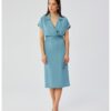 Дамска рокля - миди с яка - полиестер - син MOE
