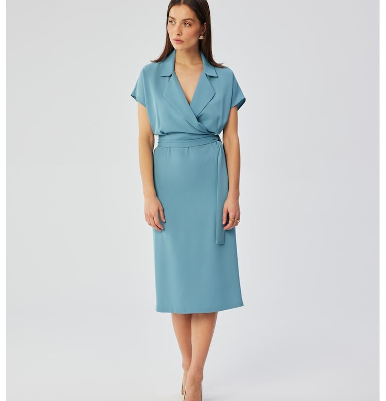 Дамска рокля - миди с яка - полиестер - син MOE