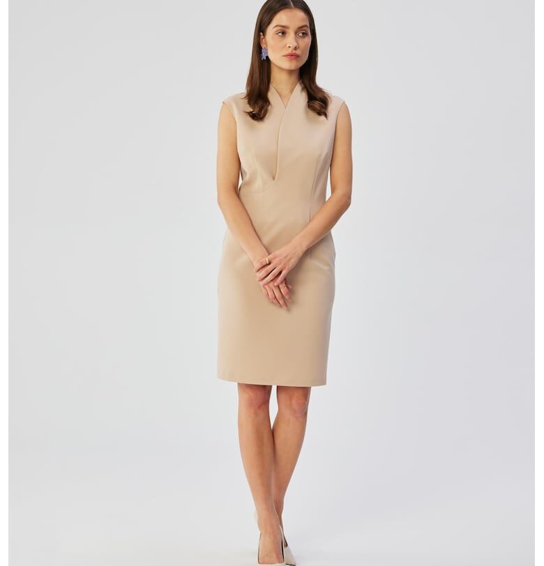 Дамска рокля - с деколте с фино застъпване - Полиестер - Бежов MOE