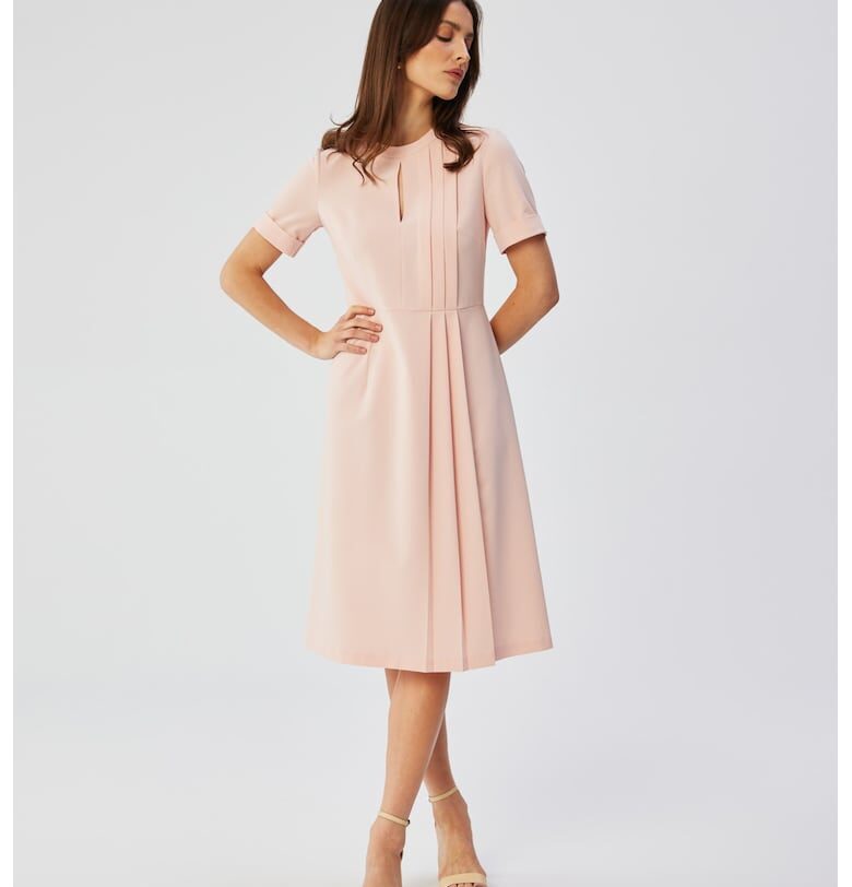 Дамска рокля - с декоративни странични плисета - Полиестер - Червена MOE