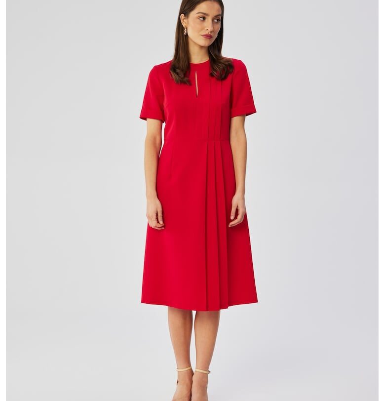 Дамска рокля - с декоративни странични плисета - полиестер - 678412 MOE