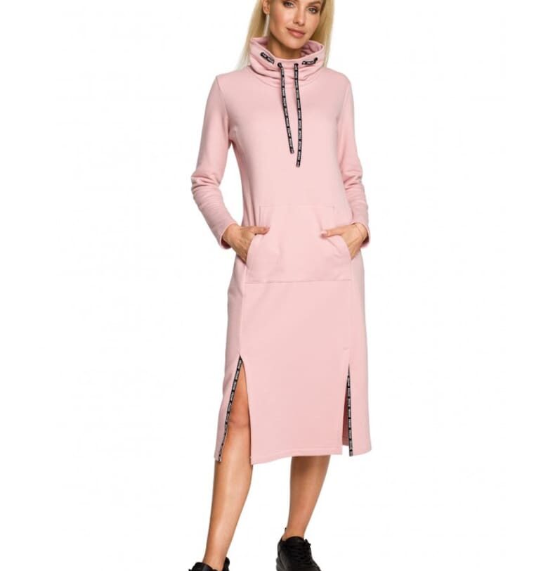 Дамска рокля - с ръкав - полиестер - памук - бледо розово MOE