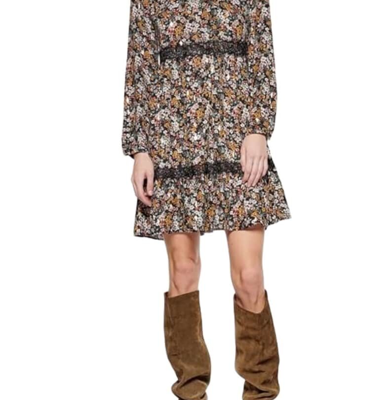 Дамска рокля с флорален принт  дълъг ръкав - многоцветна - полиестер - Le temps des Cerises