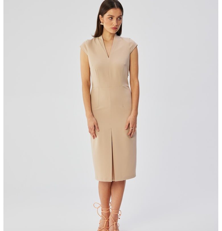 Дамска рокля тип молив с двойно деколте - полиестер - бежов MOE