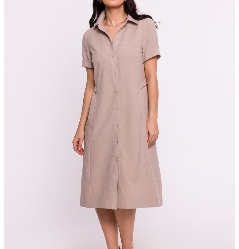 Дамска рокля - тип риза - Полиестер - Бежова OEM