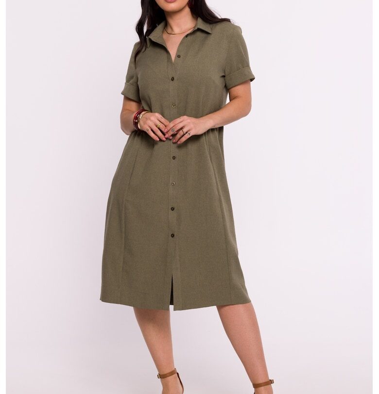 Дамска рокля - тип риза - Полиестер - Зелена OEM