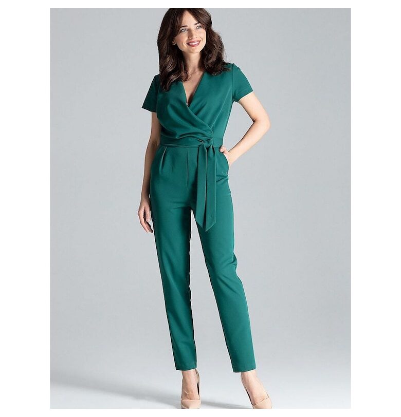 Дамски гащеризон - Ленитиф - зелен - полиестер и вискоза - с къс ръкав и плисета на талията Lenitif