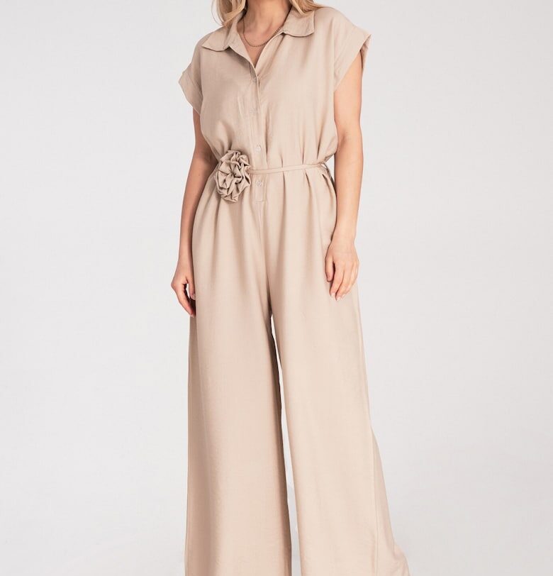 Дамски гащеризон  Широк крачол - Къс ръкав - Универсален материал - Един размер INTL - Бежов Figl