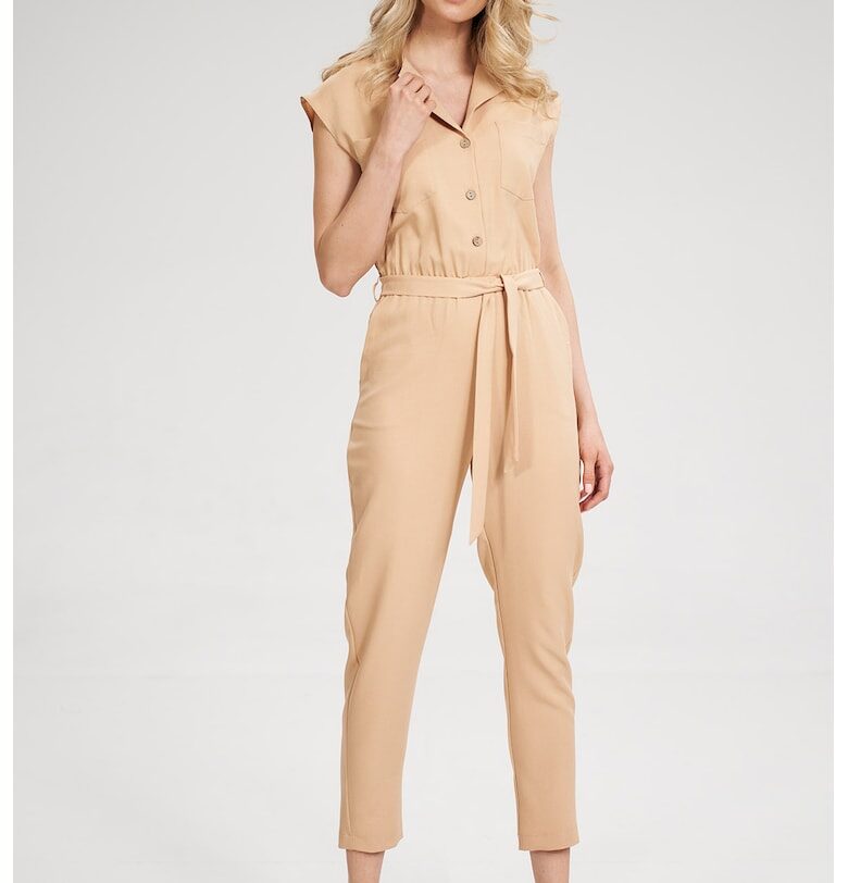 Дамски гащеризон -  елегантен - къс ръкав - завързан на талията - бежов - полиестер - Figl