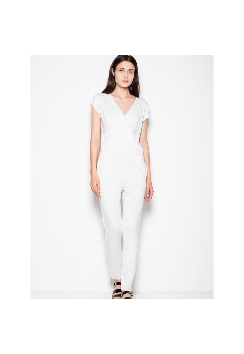 Дамски гащеризон къс ръкав - връзка на талията - сив - вискоза Venaton