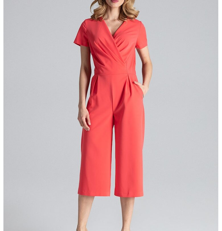 Дамски гащеризон -  розов - къс ръкав - широк крачол - 65% полиестер - 35% вискоза Figl