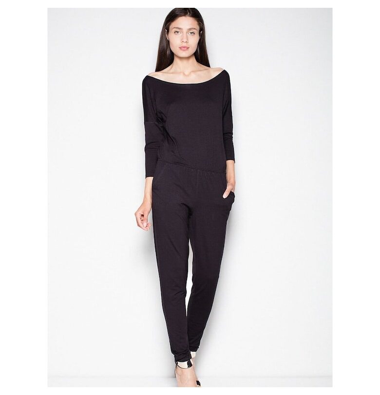 Дамски гащеризон  черен - полукръгло деколте - паднали ръкави - вискоза - Venaton