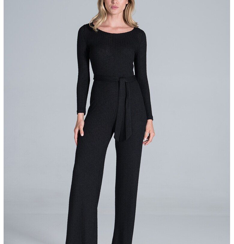 Дамски гащеризон -  широки крачоли - дълъг ръкав - полиестер - черен - Figl