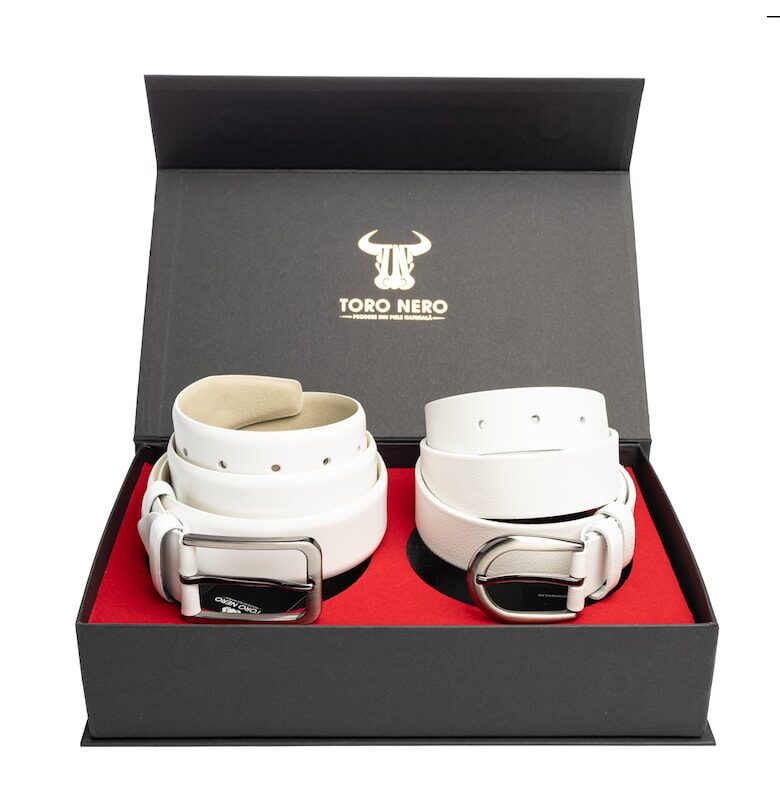 Дамски и мъжки комплект колан естествена кожа бял Елегантен-Симпъл Toro Nero