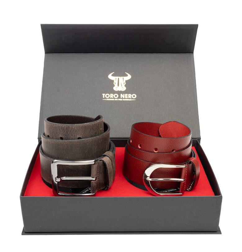 Дамски и мъжки комплект колан - естествена кожа - кафяво-червен - Плътен индустриален Toro Nero