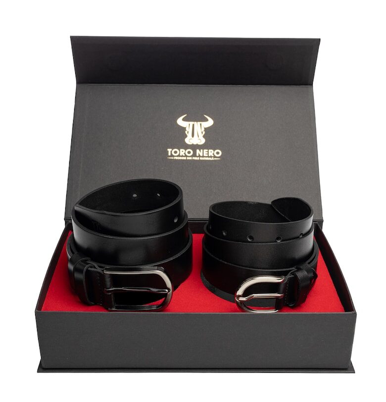 Дамски и мъжки комплект колан - естествена кожа - черен - средно-мат Toro Nero
