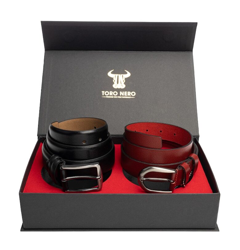 Дамски и мъжки комплект колан - естествена кожа - черно-червен - Middle-Basic Toro Nero