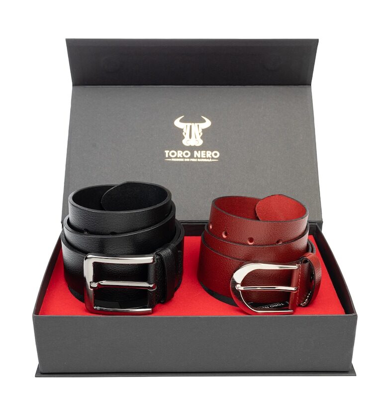 Дамски и мъжки комплект колан - естествена кожа - черно-червен - Плътен-Modern Night Toro Nero