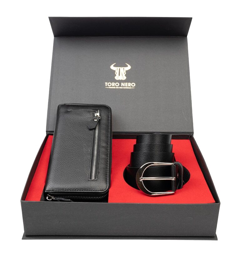 Дамски комплект портфейл и колан - естествена кожа - черен - Arya-Thick Toro Nero