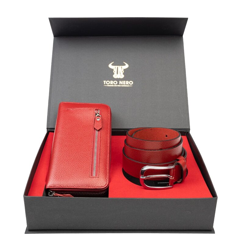 Дамски портфейл и комплект колан - естествена кожа - червен - Arya-Thick Toro Nero
