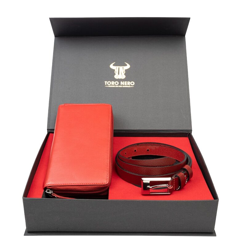 Дамски портфейл и комплект колан естествена кожа червен Gina-Slim Toro Nero