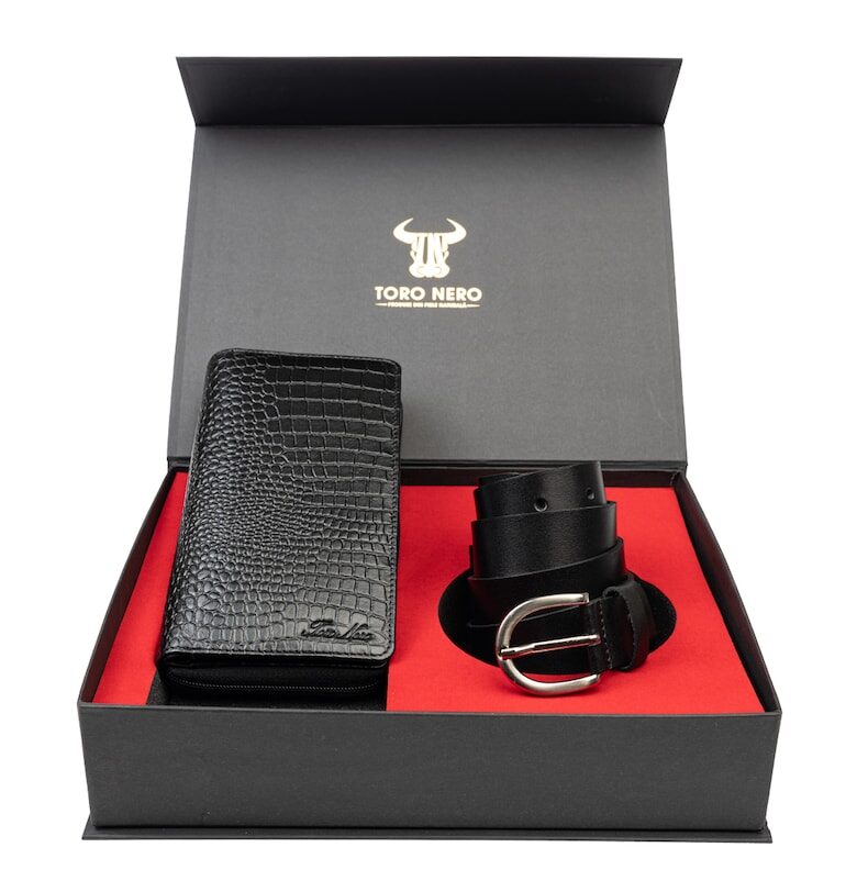 Дамски портфейл и комплект колан естествена кожа черен Gia-Middle Toro Nero