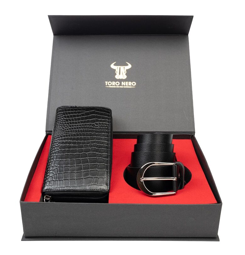 Дамски портфейл и комплект колан - естествена кожа - черен - Gia-Thick Toro Nero