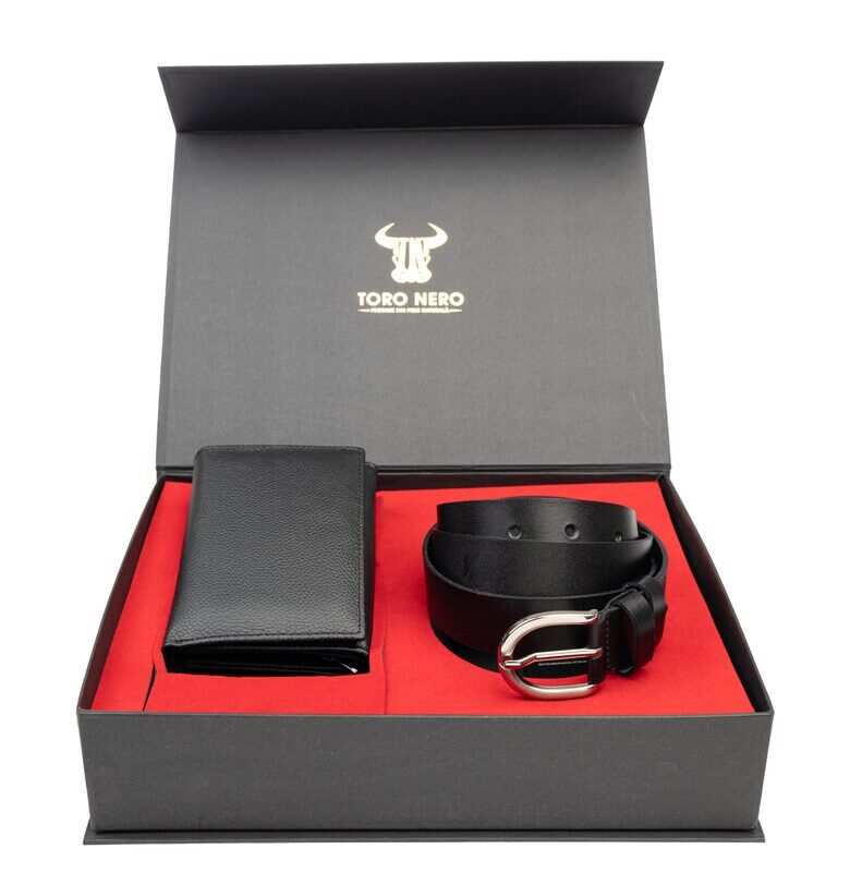 Дамски портфейл и комплект колан естествена кожа черен Little-Middle Toro Nero