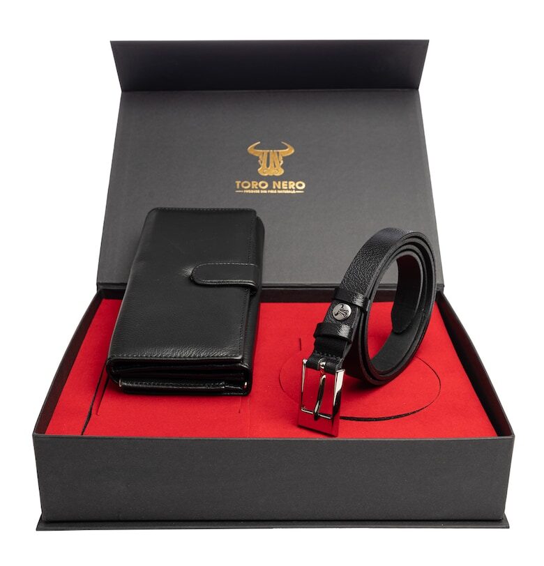 Дамски портфейл и комплект колан - естествена кожа - черен - Reset-Slim Toro Nero