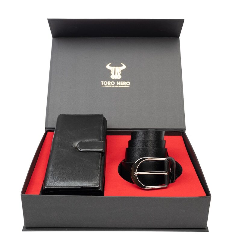 Дамски портфейл и комплект колан - естествена кожа - черен - Reset-Thick Toro Nero