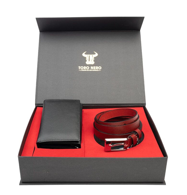 Дамски портфейл и комплект колан - естествена кожа - черно-червен - Little-Slim Toro Nero